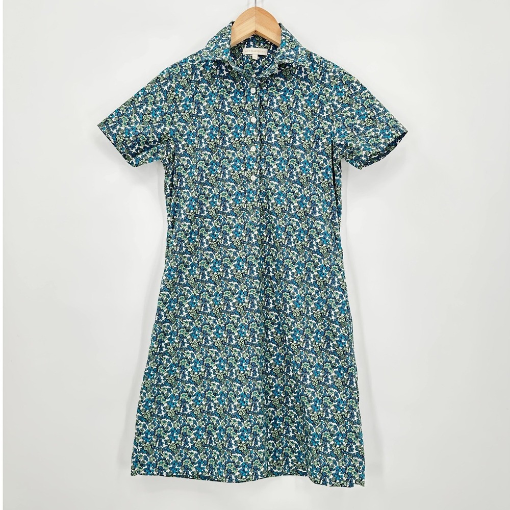 Ann Mashburn Short Sleeve Popover Mini Dress Liberty London XS Blue Green Floral